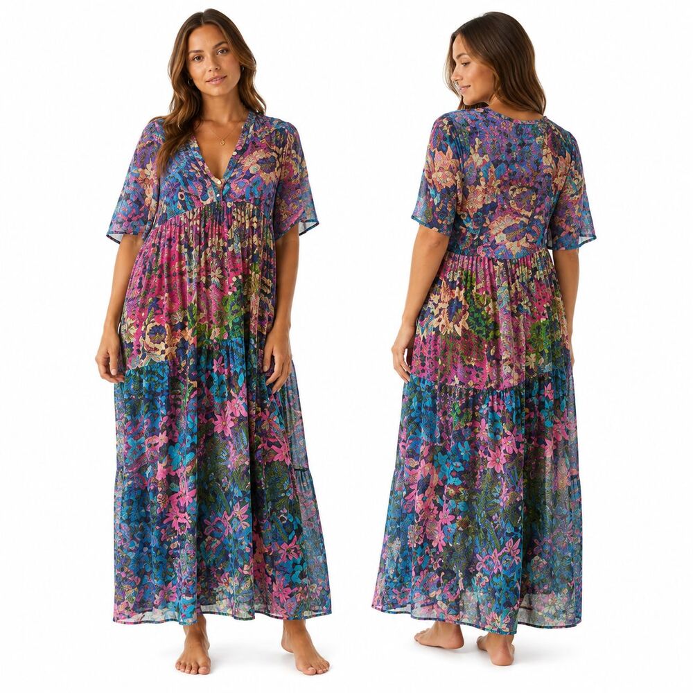 Anthropologie Celandine Kallie Printed Cotton Gauze Midi Dress XS Boho Colorful